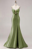 Mermaid Fuchsia Satin Cut Out Ruched Long Prom Dress with Slit