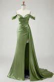 Royal Blue Off The Shoulder Mermaid Beaded Streamer Ruched Long Prom Dress with Slit