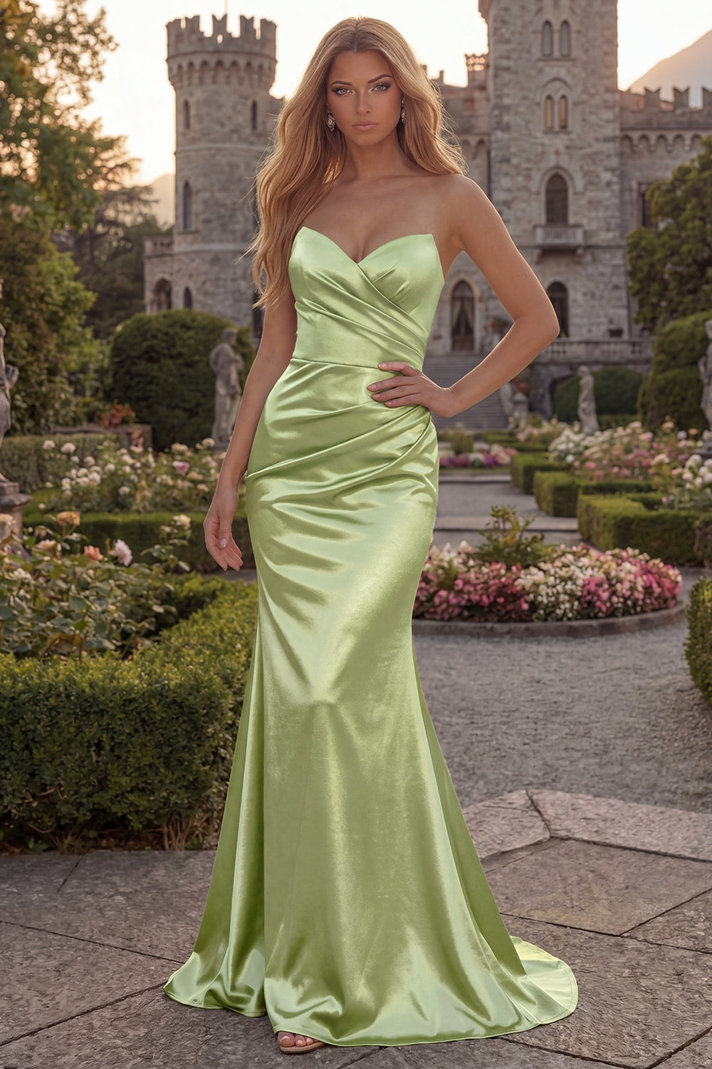 ruched strapless dress Wedtrend Women Green Strapless Prom Dress Mermaid Ruched Satin Maxi Evening Dress – WEDTREND