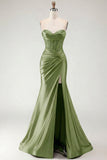 Burgundy Mermaid Sweetheart Corset Beaded Ruched Long Prom Dress with Slit