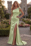 Lilac One Shoulder Satin Mermaid Prom Dress with Slit