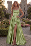 Blush Satin A Line Square Neck Pearl Prom Dress with Slit