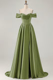 Off the Shoulder A Line Blue Satin Long Bridesmaid Dress with Slit