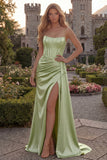 Strapless Corset Satin Burgundy Prom Dress with Slit