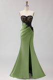 Black Green Strapless Mermaid Lace Appliqued Ruched Long Prom Dress with Slit