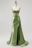 Champagne Mermaid Corset Streamer Beaded Ruched Long Prom Dress with Slit