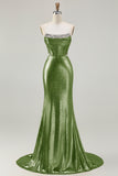 Metallic Fuchsia Strapless Beaded Mermaid Corset Long Prom Dress
