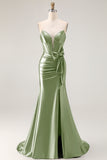 Navy Mermaid Strapless Corset Beaded Satin Long Prom Dress with Bow