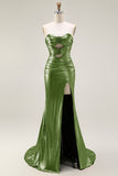 Metallic Dark Golden Mermaid Strapless Cut Out Long Prom Dress with Slit