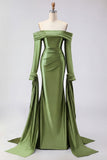 Off the Shoulder Dark Green Mermaid Ruched Prom Dress with Long Sleeves