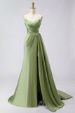 Royal Blue A Line Beaded Strapless Ruched Long Prom Dress with Slit