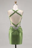 Dark Green Bodycon Corset Backless Satin Homecoming Dress with Rhinestones