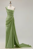 One Shoulder Green Sheath Ruched Long Prom Dress with Slit
