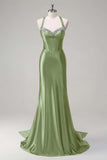Dark Green Mermaid Criss Cross Back Long Prom Dress with Rhinestone