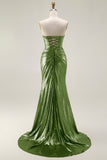 Metallic Fuchsia Strapless Mermaid Cut Out Lace Up Back Long Prom Dress with Slit