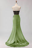 Black Green Strapless Mermaid Lace Appliqued Ruched Long Prom Dress with Slit