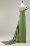 One Shoulder Green Sheath Ruched Long Prom Dress with Slit