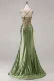Black Mermaid Embroidered Beaded Lace Up Back Long Prom Dress with Slit
