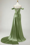 Royal Blue Off The Shoulder Mermaid Beaded Streamer Ruched Long Prom Dress with Slit