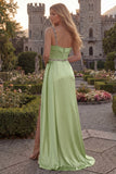 One Shoulder Light Blue A Line Ruched Prom Dress with Slit