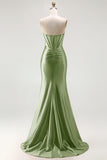 Red Strapless Mermaid Corset Beaded Ruched Satin Long Prom Dress with Slit