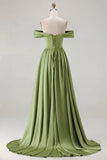 Off the Shoulder A Line Blue Satin Long Bridesmaid Dress with Slit