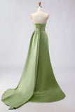 Royal Blue A Line Beaded Strapless Ruched Long Prom Dress with Slit