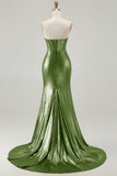 Metallic Fuchsia Strapless Beaded Mermaid Corset Long Prom Dress