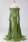 Off the Shoulder Dark Green Mermaid Ruched Prom Dress with Long Sleeves