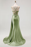 Champagne Mermaid Corset Streamer Beaded Ruched Long Prom Dress with Slit