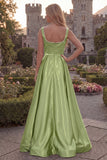 Blush Satin A Line Square Neck Pearl Prom Dress with Slit