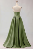 Golden A Line Beaded Strapless Corset Satin Long Prom Dress