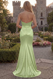 Green Mermaid Satin Ruched Strapless Prom Dress
