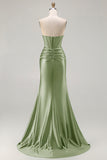 Dark Green Beaded Corset Strapless Mermaid Long Prom Dress with Slit