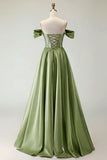 Off the Shoulder Purple A Line Beaded Corset Long Prom Dress with Slit