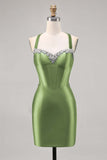 Dark Green Bodycon Corset Backless Satin Homecoming Dress with Rhinestones