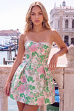 Pink Floral Jacquard Strapless A Line Homecoming Dress with Pearls