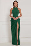 Halter Navy Ruched Sheath Lace-up Back Bridesmaid Dress with Slit
