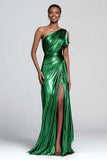 Brown One Shoulder Metallic Sheath Long Prom Dress with Slit
