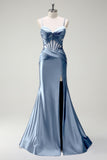 Dark Green Mermaid Spaghetti Straps Satin Prom Dress with Sheer Corset Bodice