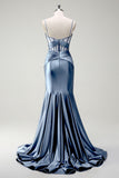 Dark Green Mermaid Spaghetti Straps Satin Prom Dress with Sheer Corset Bodice