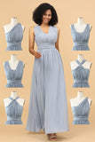 A Line One Shoulder V Neck Halter Neck Floor Length Grey Blue Bridesmaid Dress