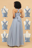 Grey Blue A Line Convertible Chiffon Floor-Length Bridesmaid Dress