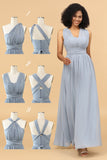 Grey Blue A Line Convertible Chiffon Floor-Length Bridesmaid Dress