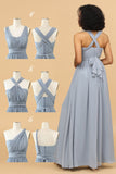 Grey Blue A Line Convertible Chiffon Floor-Length Bridesmaid Dress