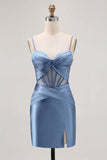 Royal Blue Bodycon Sheer Corset Pleated Homecoming Dress with Slit