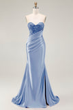 Sweetheart Mermaid Red Beaded Sequins Pleated Satin Long Prom Dress with Slit