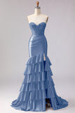 Red Mermaid Sweetheart Beaded Corset Tiered Ruffle Long Prom Dress with Slit