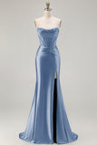 Dark Green Beaded Corset Strapless Mermaid Long Prom Dress with Slit