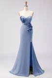 Green Strapless Mermaid 3D Flower Satin Long Prom Dress with Slit
